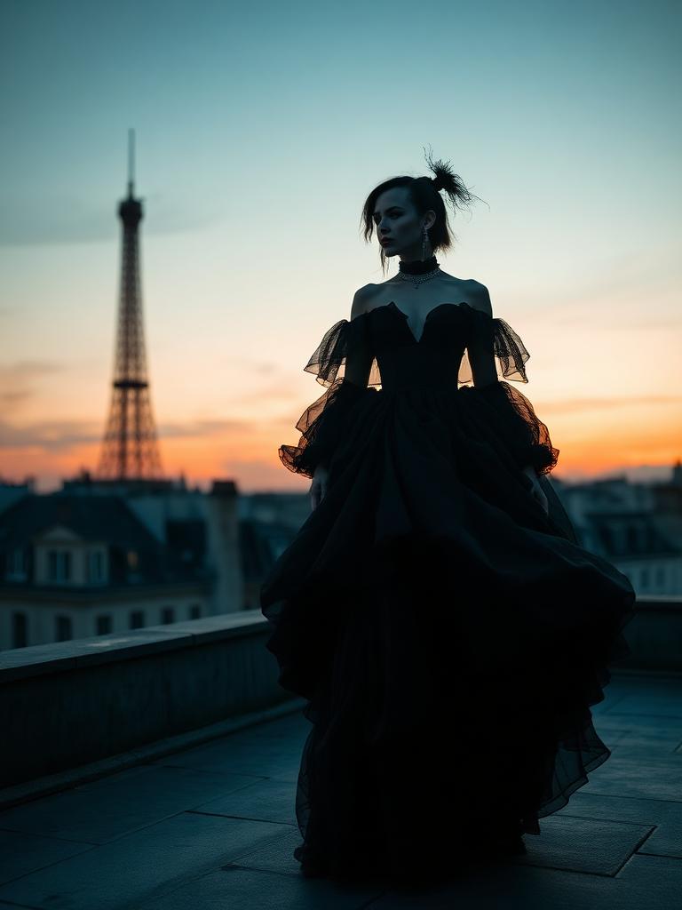 Twilight Couture — Gothic gown on a Paris rooftop
